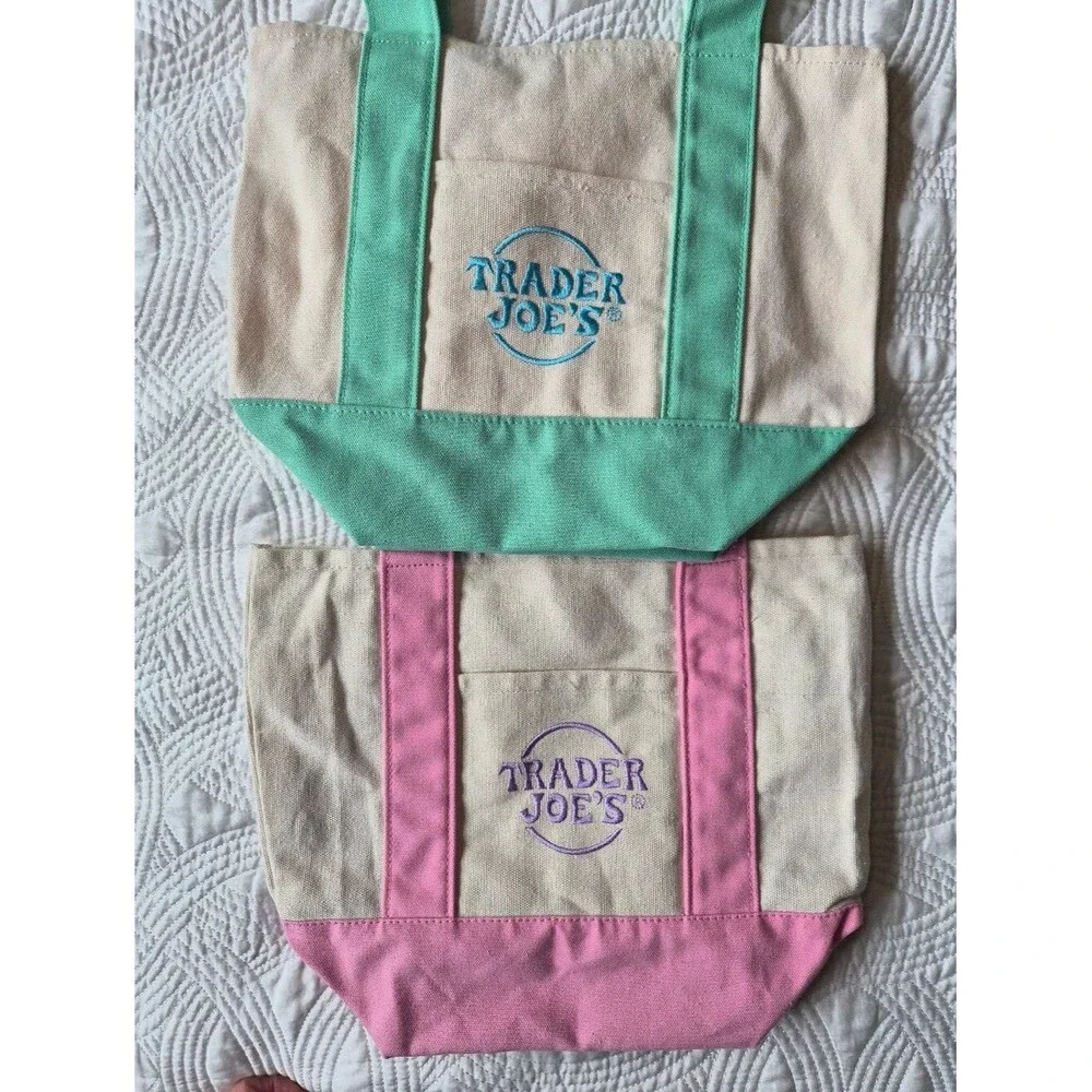 EUC Trader Joe's Canvas Mini Tote Bag Mint Green Pastel Pink Bundle